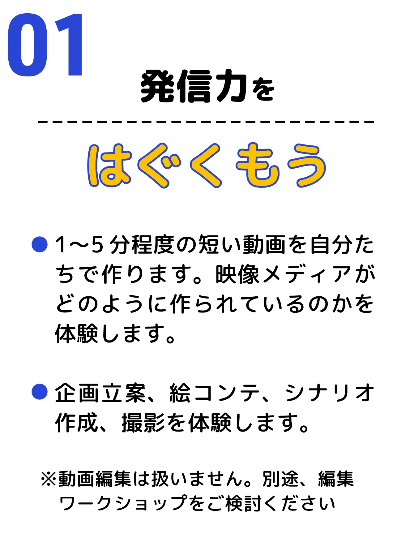 １、発信力をはぐくもう　1〜5分程度の短い動画を自分たちで作ります。映像メディアがどのように作られているのかを体験します。企画立案、絵コンテ、シナリオ作成、撮影を体験します。※動画編集は扱いません。別途、編集ワークショップをご検討ください