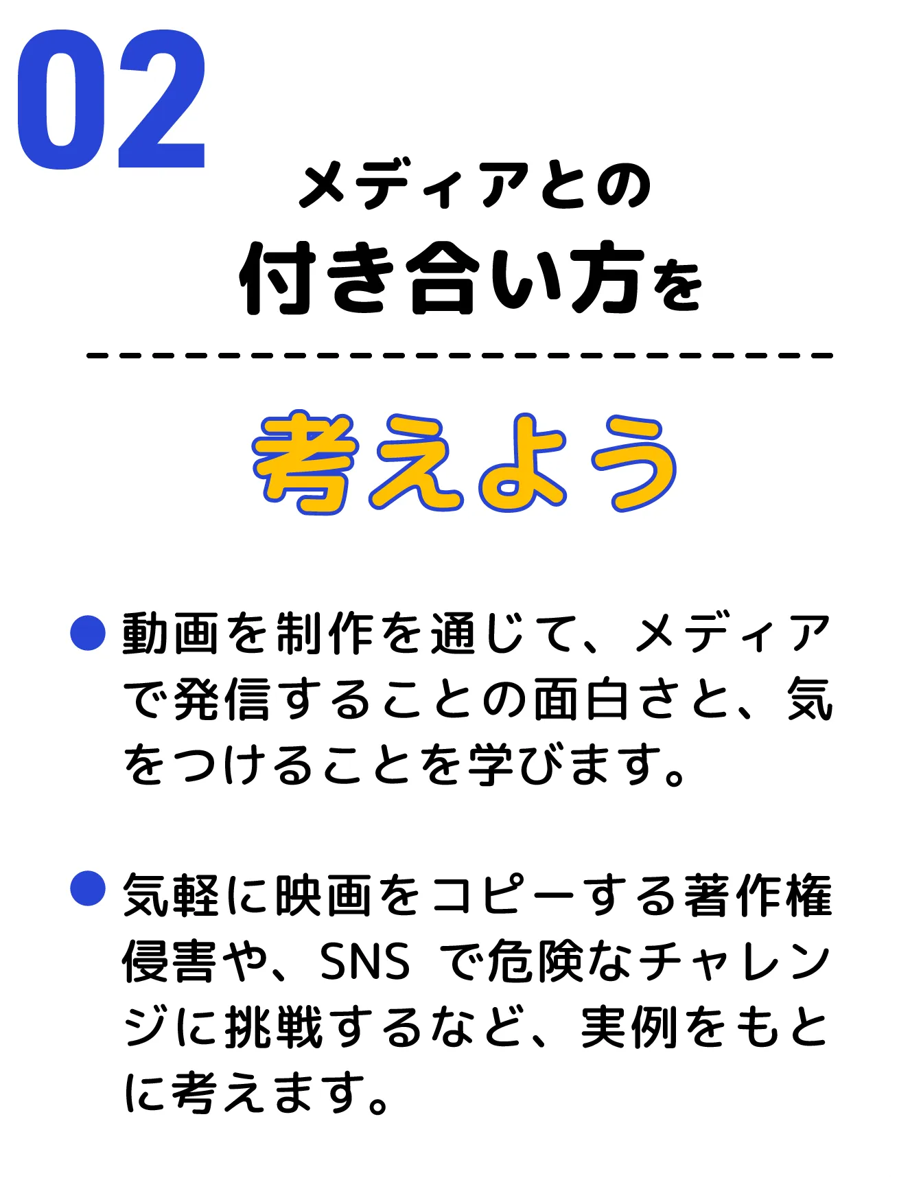 ２、メディアとの付き合い方を考えよう　動画を制作を通じて、メディアで発信することの面白さと、気をつけることを学びます。気軽に映画をコピーする著作権侵害や、SNSで危険なチャレンジに挑戦するなど、実例をもとに考えます。